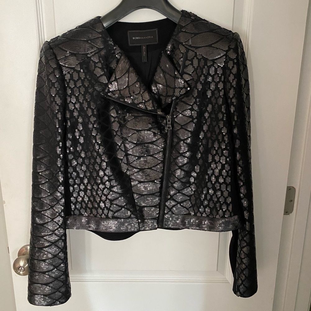 BCBG Maxazria Blk Python Print Sequin Moto Jacket